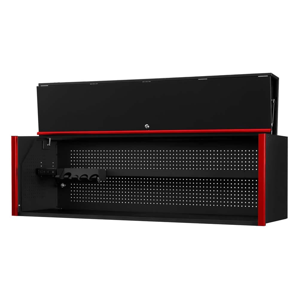 Extreme Tools Tool Box Black Hutch Workstation With A Red Trim An Open Compartment And A Perforated Back Panel Equipped With Tool Holders