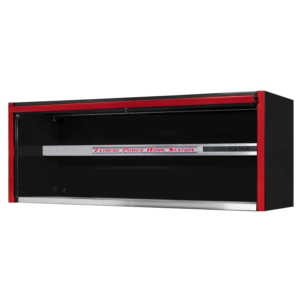Extreme Tools Tool Box Hutch 72 With Red Accents And Its Door Open Revealing A Spacious Interior And A Power Strip On The Right