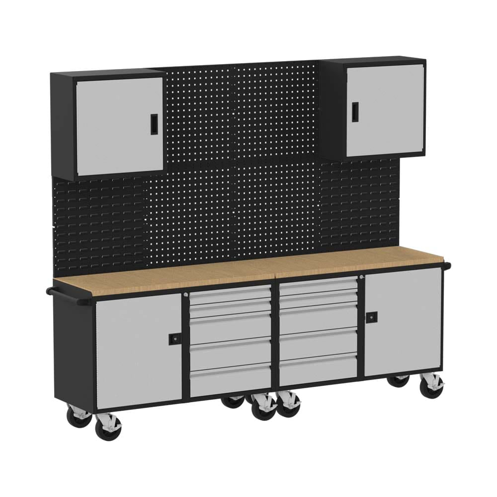 F89257BS Valley Craft Workbench With A Wooden Top Multiple Drawers Cabinets And A Pegboard Backing