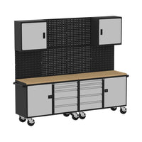 F89257BS Valley Craft Workbench With A Wooden Top Multiple Drawers Cabinets And A Pegboard Backing