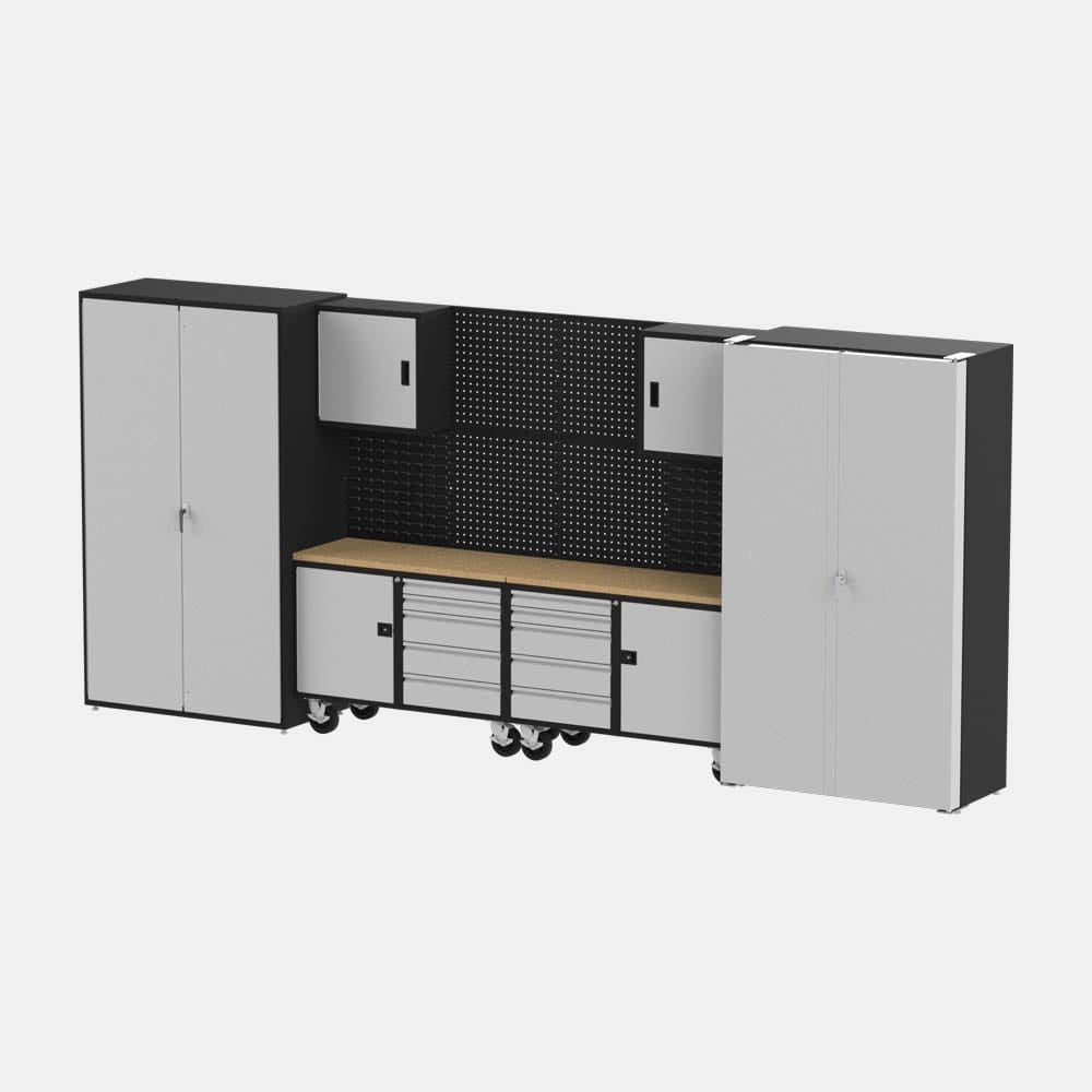 F89262BS 11 Piece Cabinet Workbench Suite Featuring Two Tall Cabinets A Central Workbench With Drawers And A Pegboard