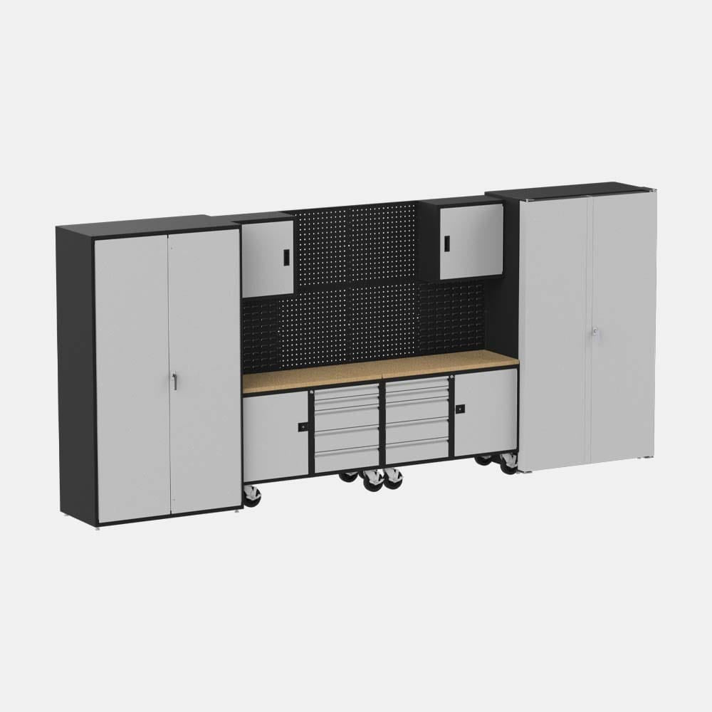 F89262BS Valley Craft Workbench Suite Featuring A Combination Of Cabinets Drawers Workbench With A Wooden Top And A Pegboard Backdrop