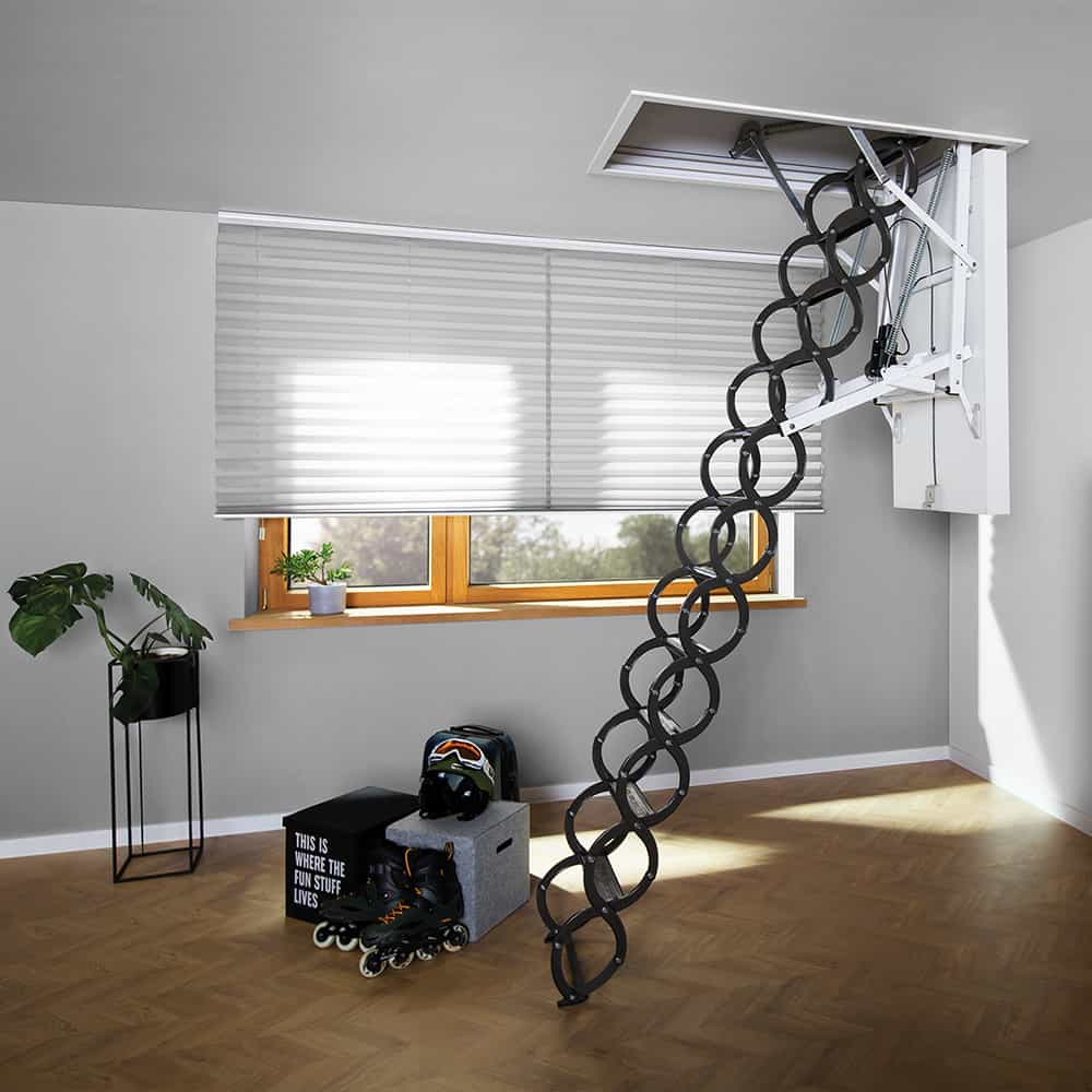 FAKRO LET Electric Retractable Attic Ladder Descends From Ceiling Into Modern Room with Storage Items on Floor