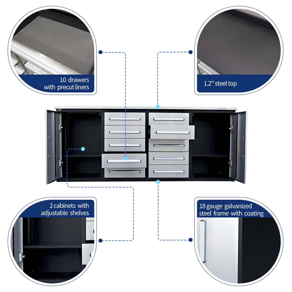 Feature Callout Graphic Of An Open Silver And Black Workbench Cabinet