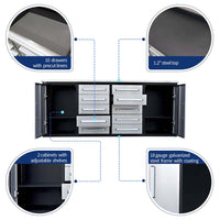 Feature Callout Graphic Of An Open Silver And Black Workbench Cabinet