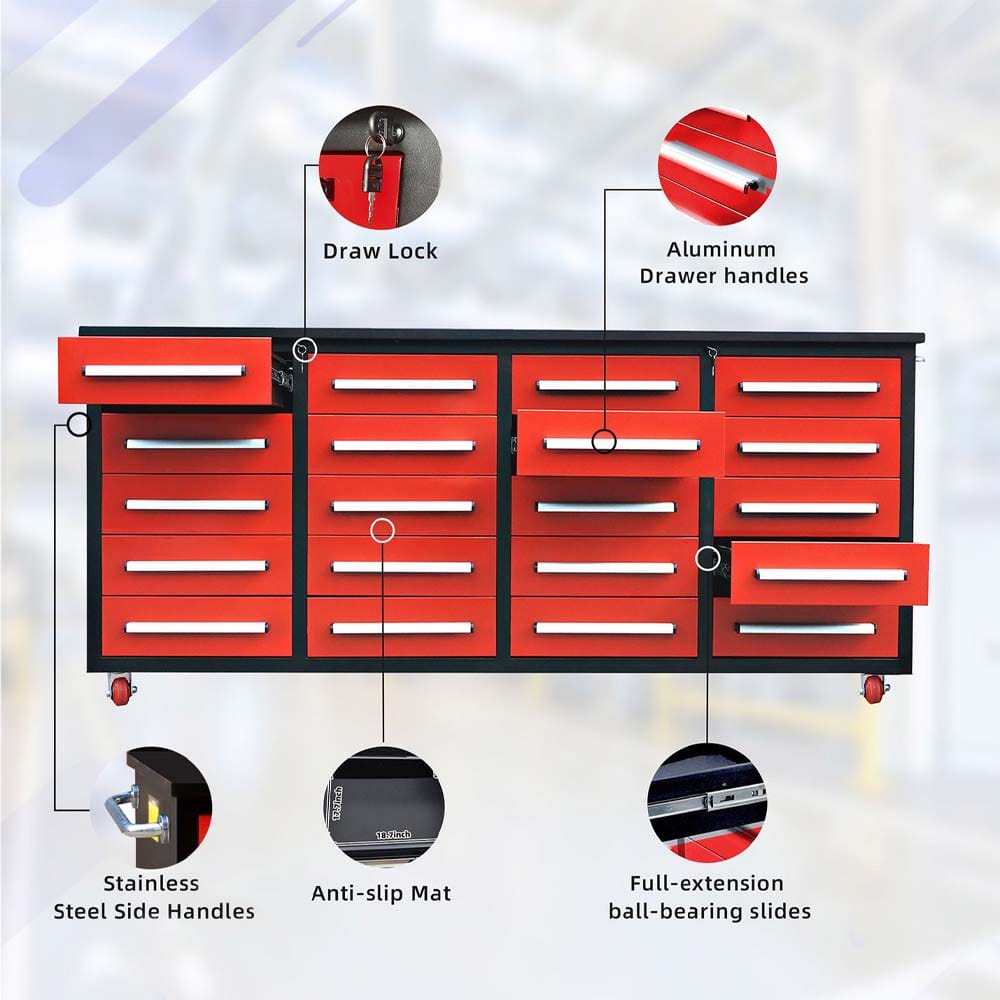 Feature Callouts Showing Draw Lock Aluminum Handles Anti-Slip Mat Stainless Side Handles