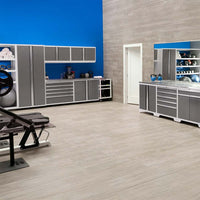 Fitness Space With Grey Storage Cabinets Workstations And Gym Equipment