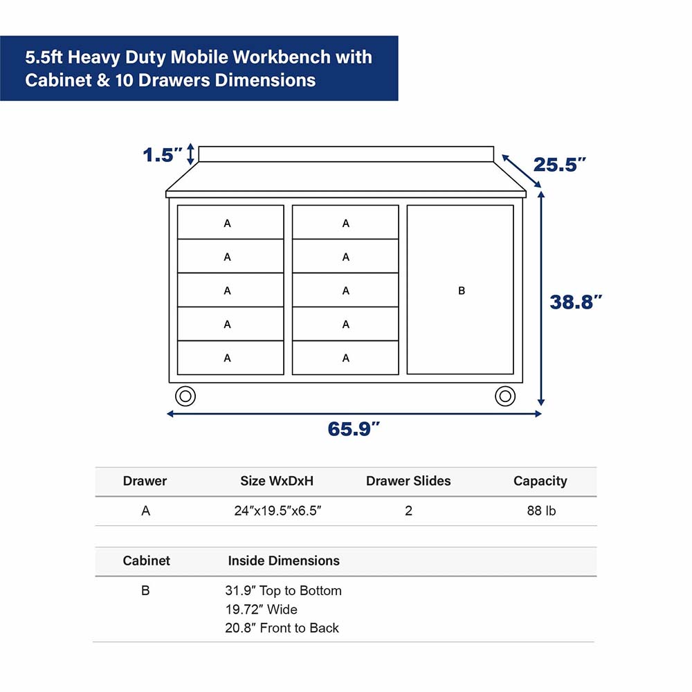Five Point Five Foot Mobile Workbench Dimensions Diagram