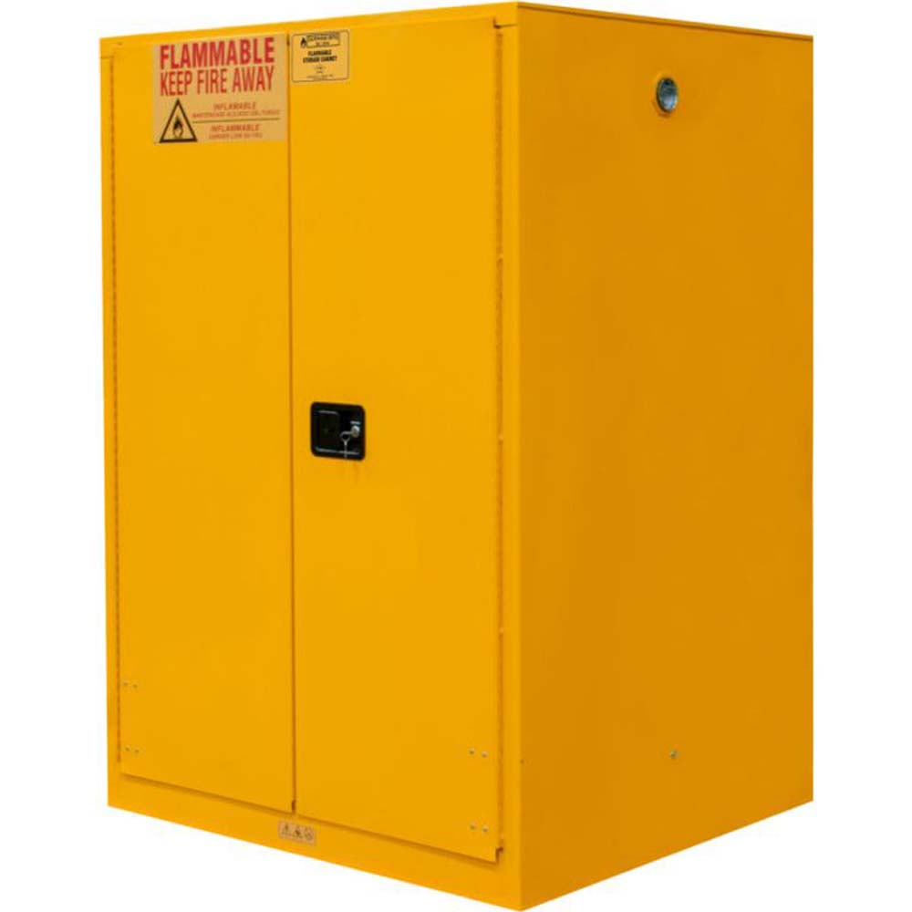 Flammable Storage Cabinet 60 Gallon Durham With A Warning Label That Reads FLAMMABLE KEEP FIRE AWAY