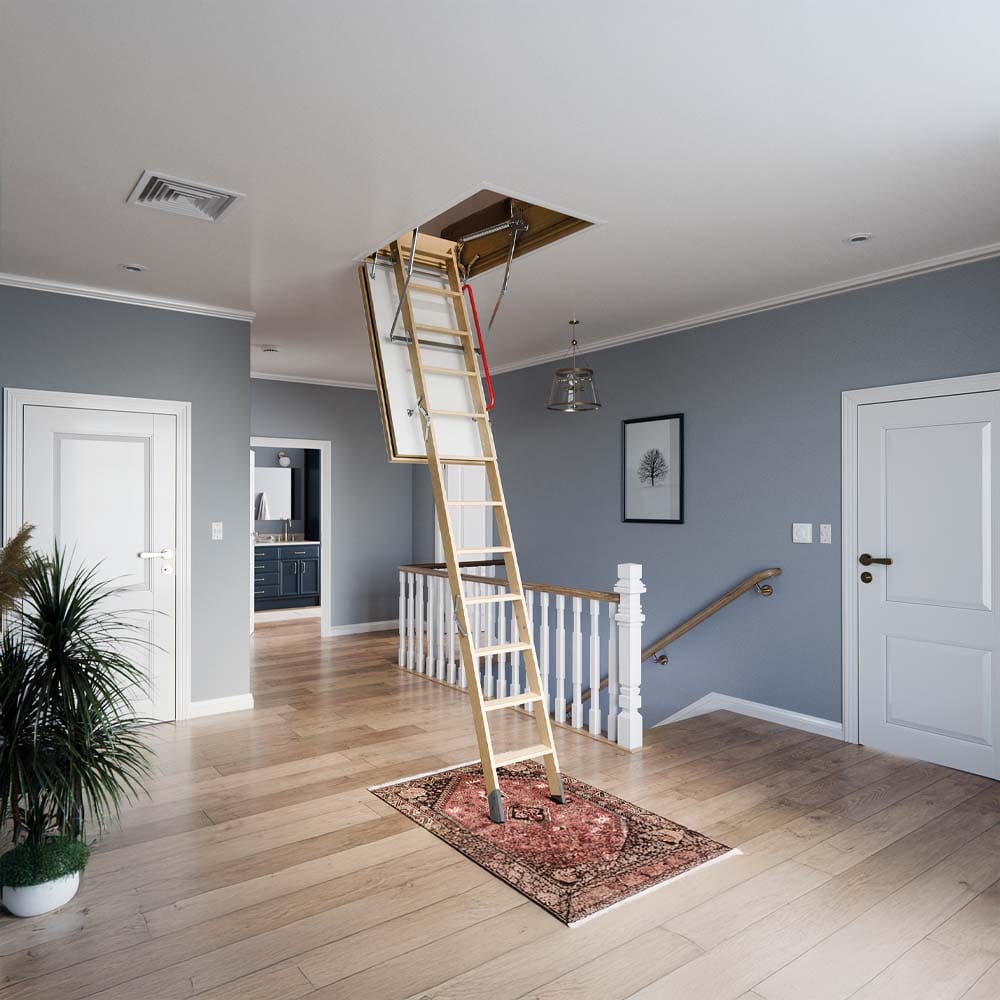 Foldable Attic Ladder Descends From The Ceiling In A Tidy Upper Hallway