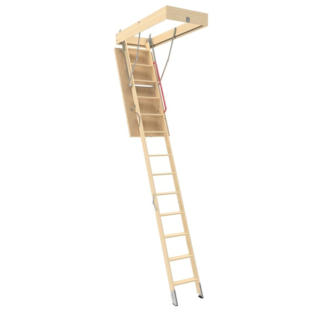 Foldable Attic Ladder Extended From Ceiling With Wooden Steps And Red Handrail