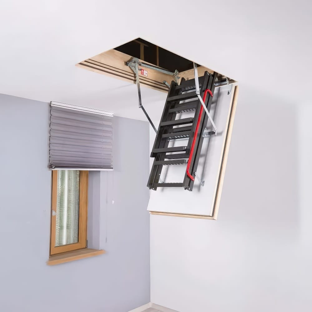 Foldable Attic Ladder Partially Extended From A Ceiling Opening