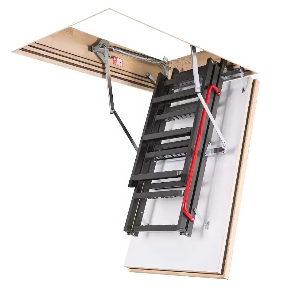 Foldable Metal Attic Ladder Partially Extended From A Ceiling Hatch