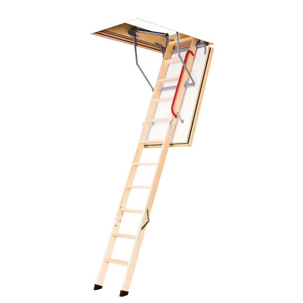 Foldable Wooden Attic Ladder Fully Extended From A Ceiling Hatch Featuring A Red Safety Handrail And Metal Support Arms