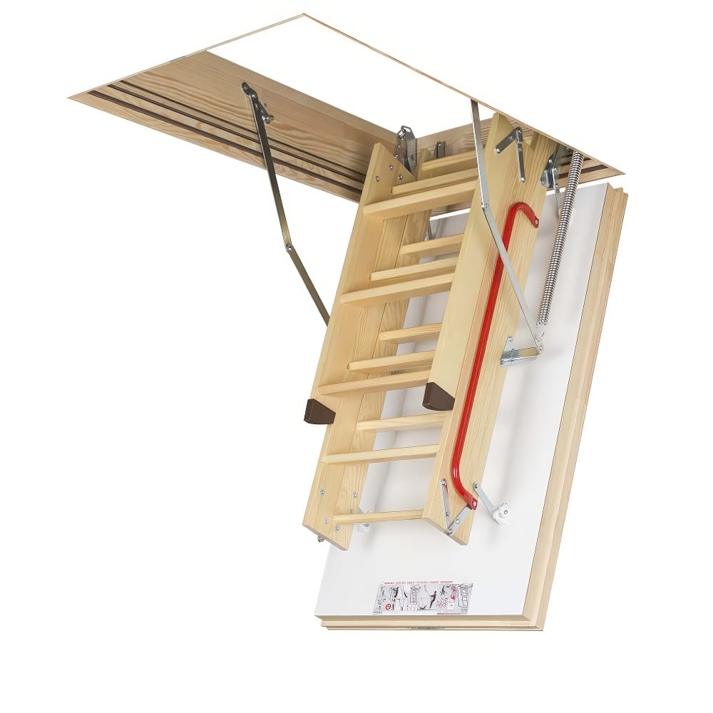 Foldable Wooden Attic Ladder Partially Extended From A Ceiling Hatch Featuring A Red Handrail