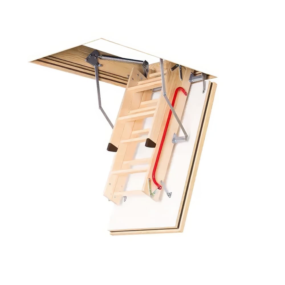 Foldable Wooden Attic Ladder Partially Extended From A Ceiling Hatch Featuring Metal Support Arms And A Red Safety Handrail