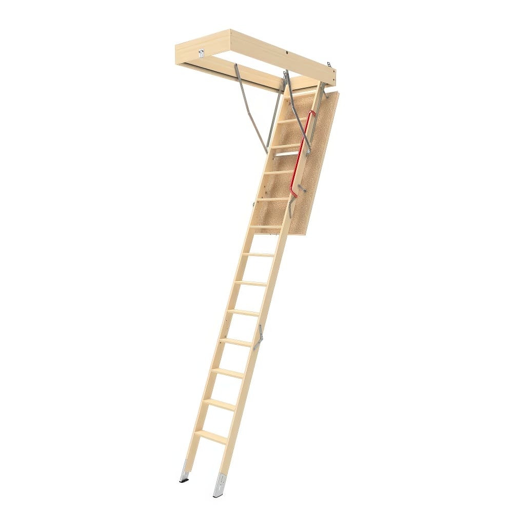 Foldable Wooden Attic Ladder With Metal Handrail Extended Downward