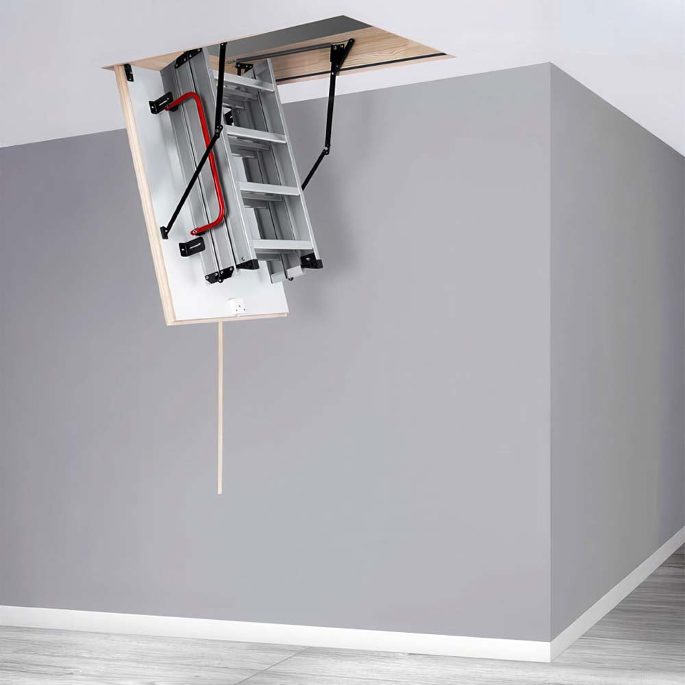 Folded Aluminum Attic Ladder With Red Handrail Partially Lowered From A Ceiling Hatch
