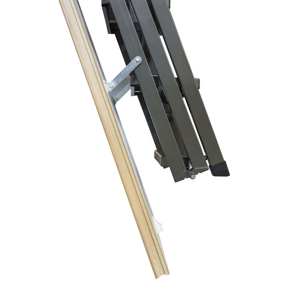 Folded Attic Ladder Secured Against The Drop-Down Door Supported By A Metal Bracket Attached To A Wooden Frame