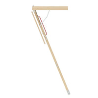 Folded Wooden Attic Ladder Extended From Ceiling With Red Side Handle And Metal Brackets