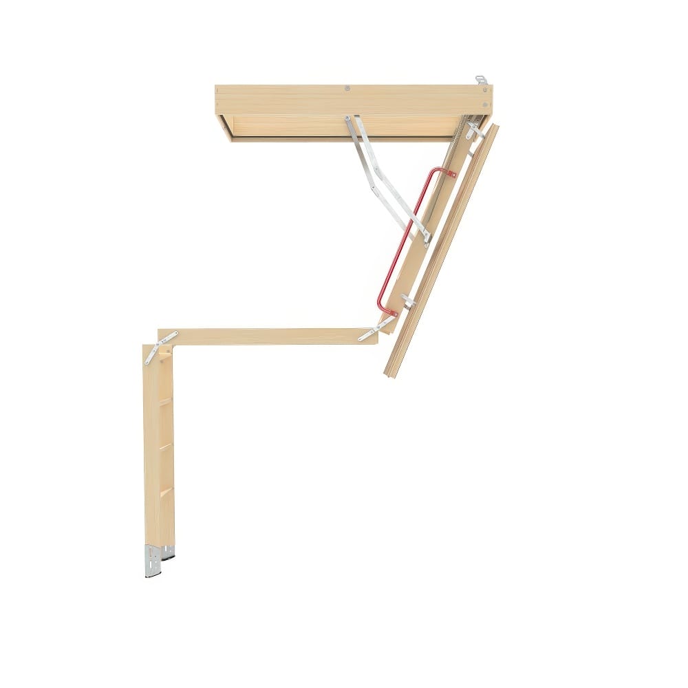 Folding Wooden Attic Ladder In Mid-Section Bent Position With Metal Supports And Red Safety Handle