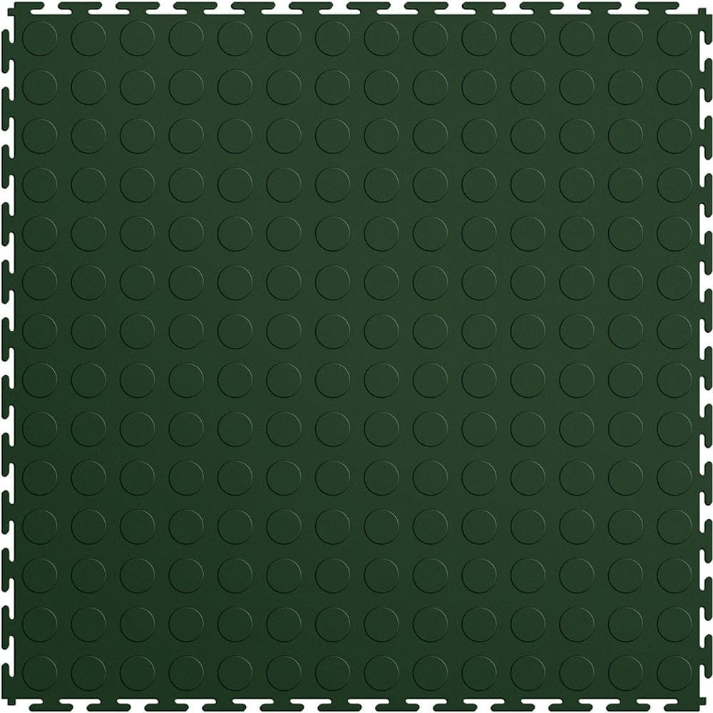 Forest Green Coin Top Garage Floor Tiles By Perfection Tile, With A Grid Like Pattern Of Circular Indentations Covering Its Entire Surface
