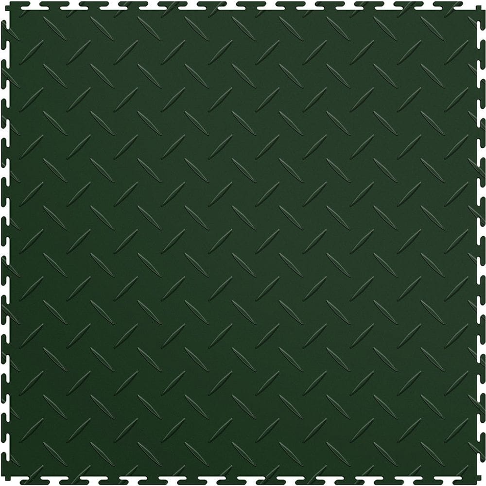 Forest Green Perfection Tile Garage Interlocking Floor Tiles With A Diamond Plate Pattern, Featuring Raised Diamond Shaped Ridges
