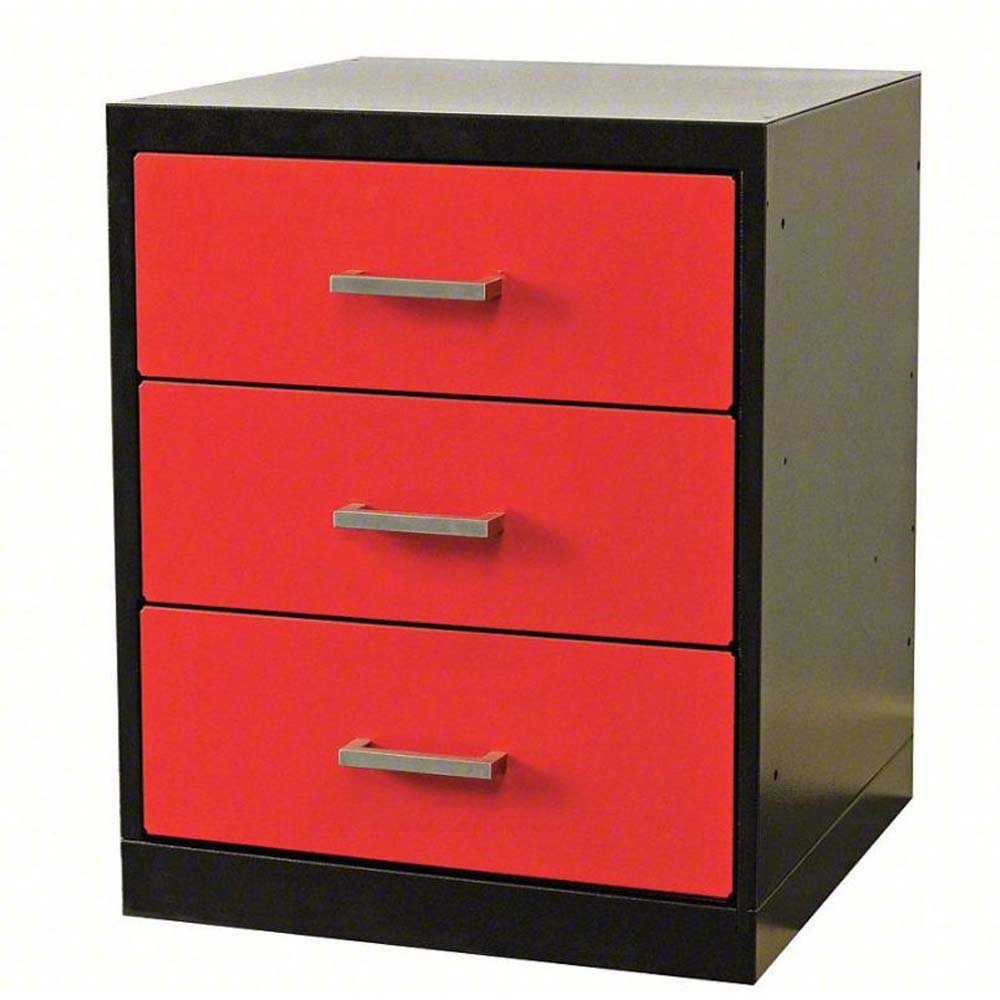 Fort Knox 3 Drawer Pedestal With Three Red Drawers Each Featuring A Silver Handle