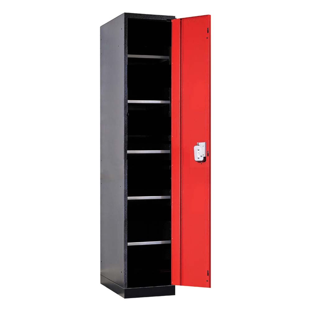 Fort Knox Complete Workbench System 210 Inch With A Red Door That Is Open Revealing Several Shelves Inside