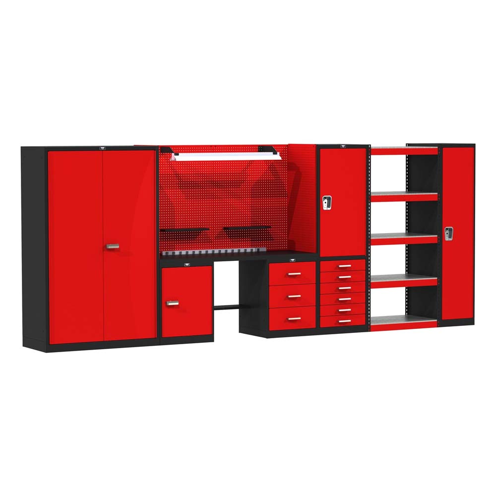 Fort Knox Hallowell Complete Workbench System 210 Inch With Cabinets Drawers Shelves And A Pegboard

