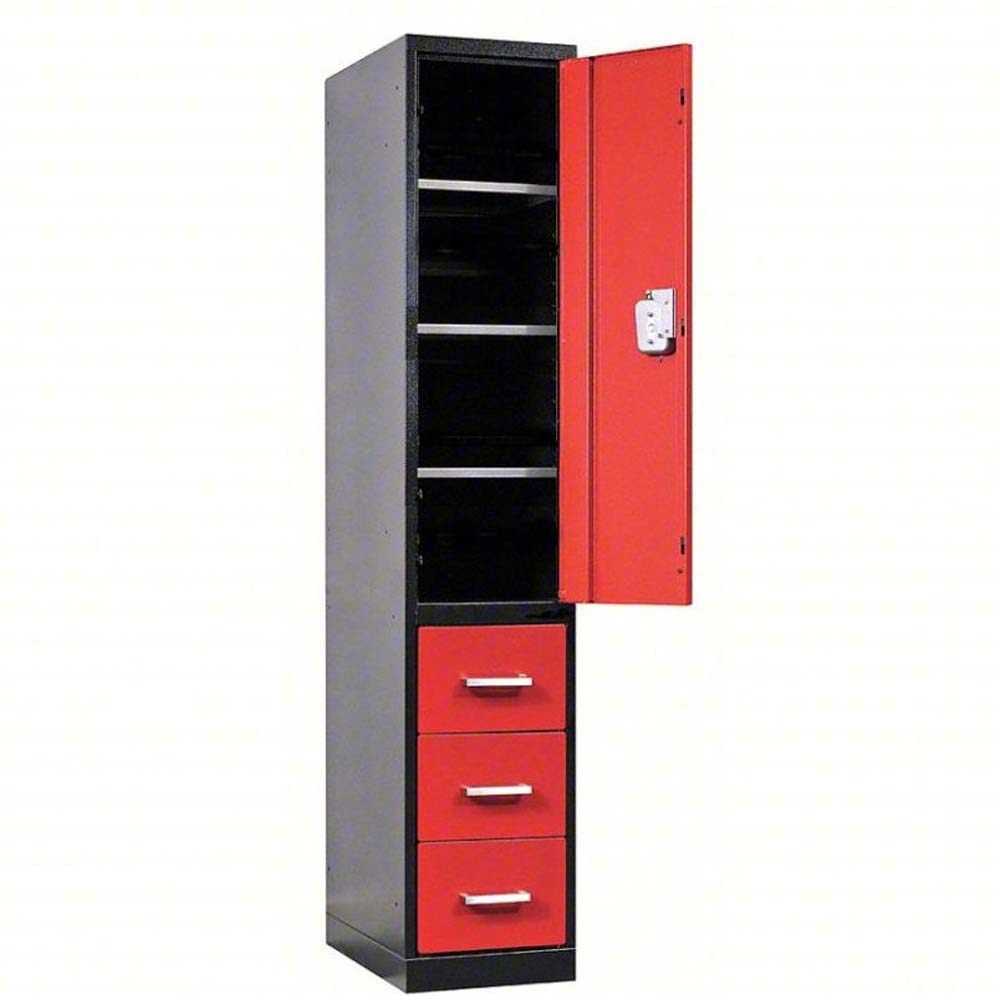 Fort Knox Locker 18x24x78 With A Black Frame Featuring An Open Red Door With Shelves Inside And Three Red Drawers At The Bottom