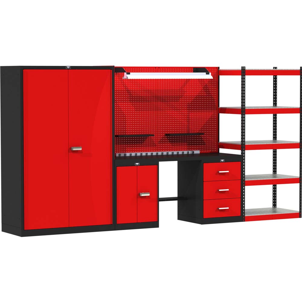 Fort Knox Mixed Storage Workbench Featuring A Tall Cabinet Pegboard Workbench With Drawers And Open Shelving Units
