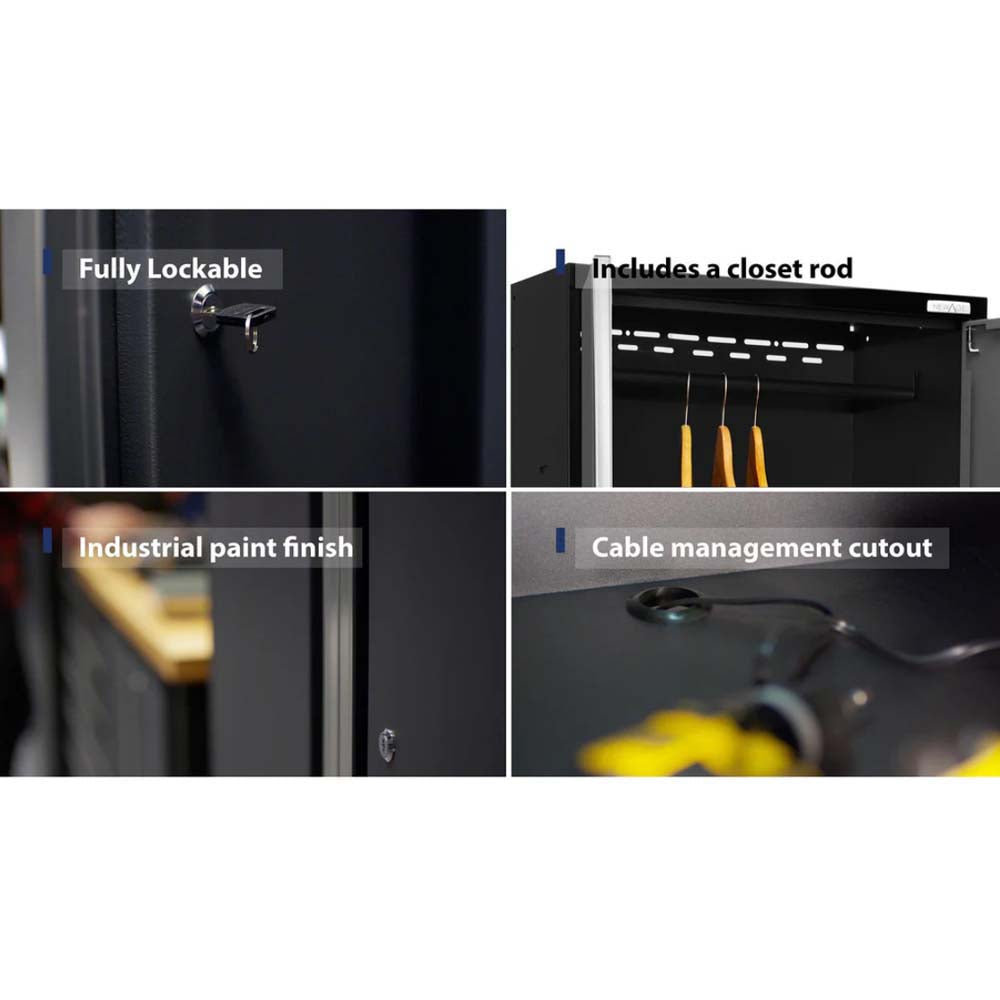 Four-Panel Collage Highlighting Key Locker Features Including A Lockable Door Interior Closet Rod With Hanging Garments