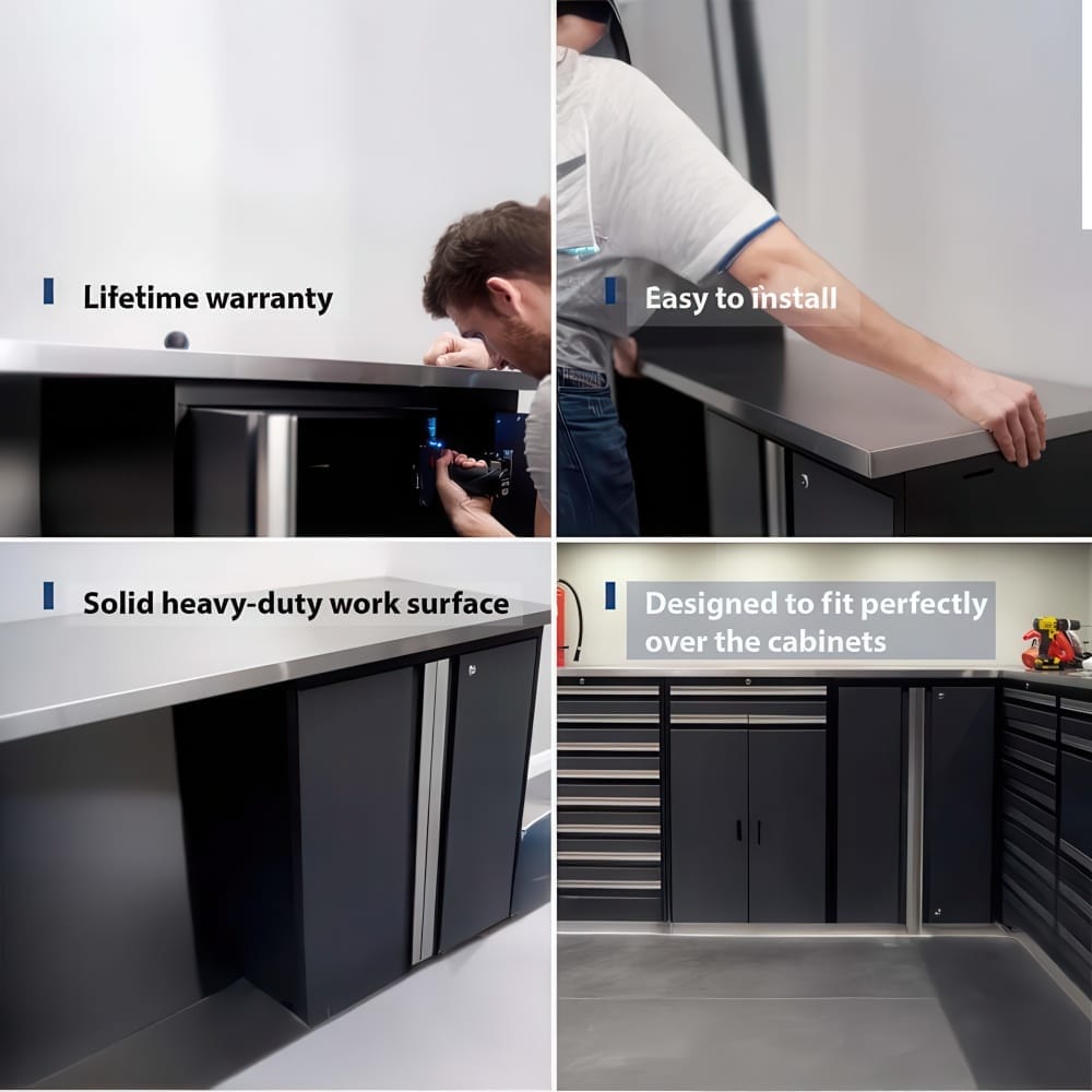 Four-Panel Collage Showing Stainless Steel Garage Worktop Installation And Feature Callouts Over Modular Cabinets