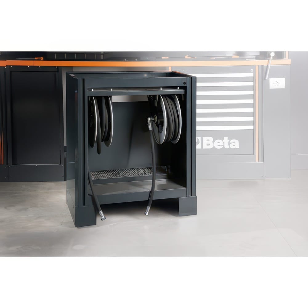 Freestanding Hose Reel Cabinet With Dual Coil Storage And Workshop Utility Connections