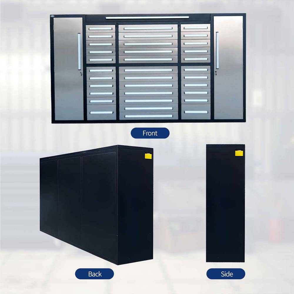 Front Back And Side Views Of A Gray Drawer Workbench System