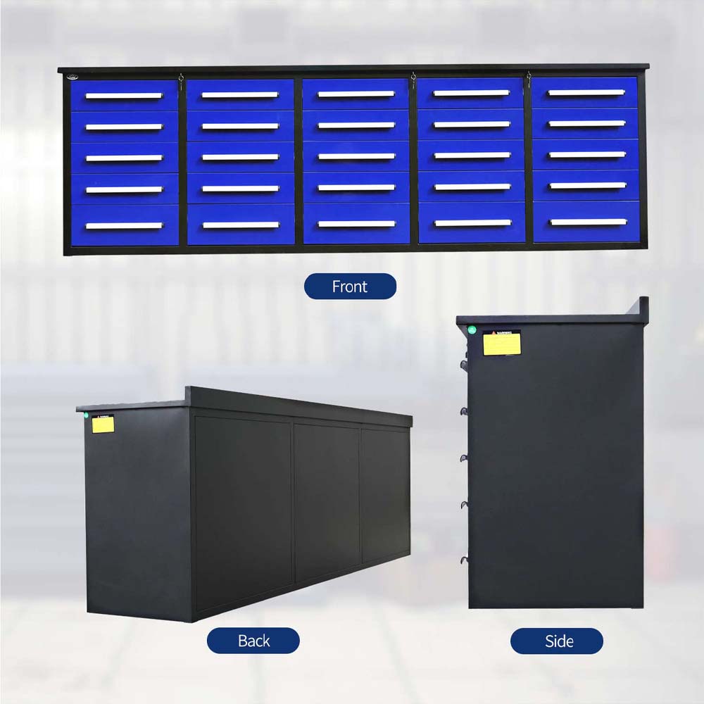 Front Back And Side Views Show A Long Blue Drawer Workbench With A Black Frame