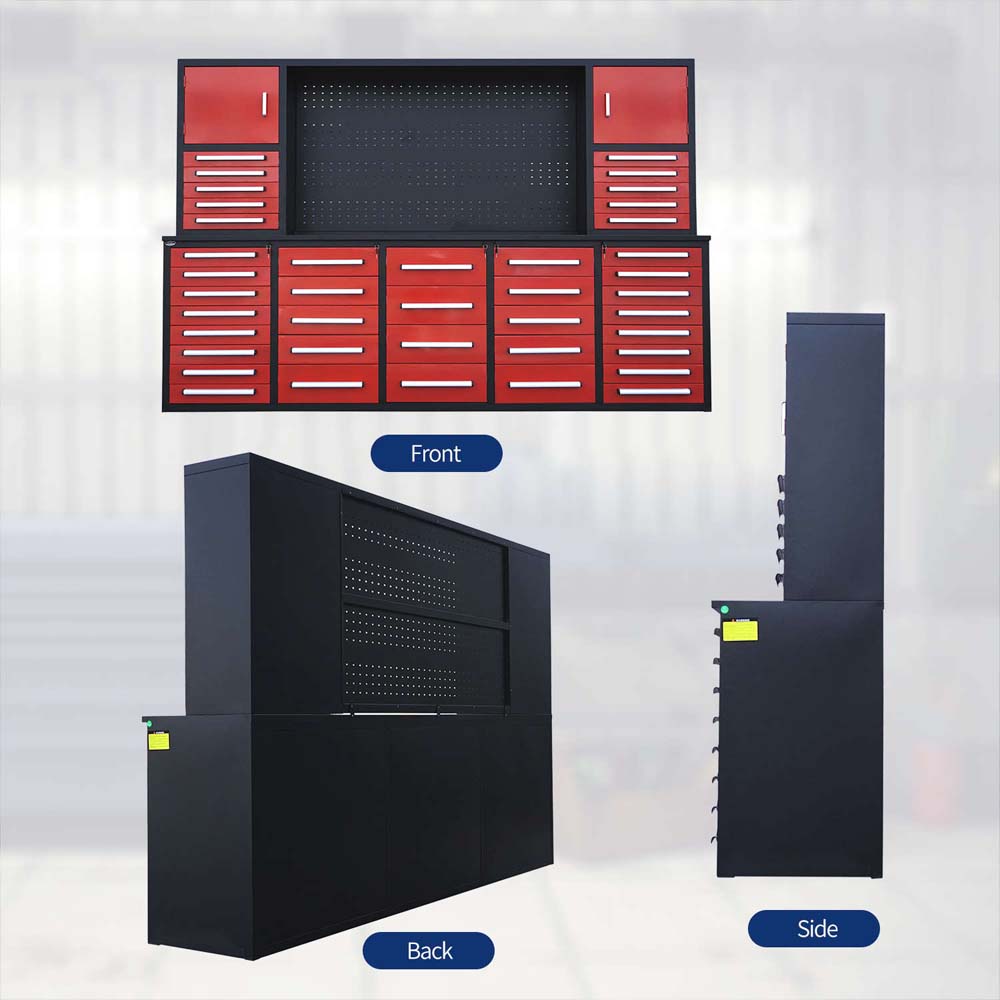 Front Back And Side Views Show A Red And Black Modular Workbench System