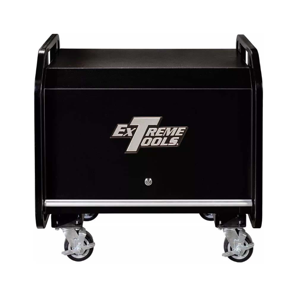 Front View Of A Black Extreme Tools 36 Inch Road Box On Wheels Featuring The Extreme Tools Logo Prominently On The Front Panel