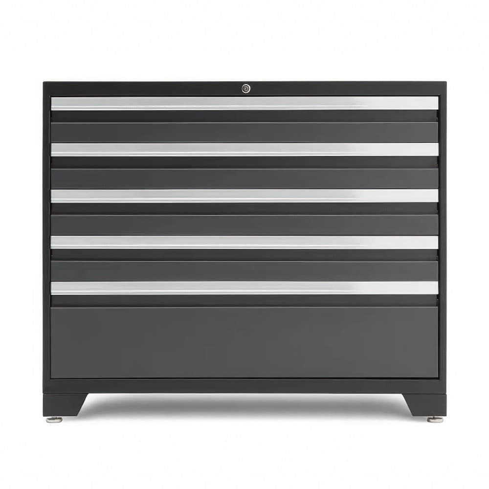 Front View Of A Black Metal Tool Cabinet With Six Drawers And Silver Handles