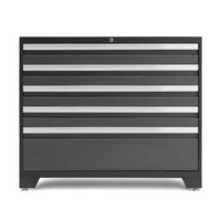 Front View Of A Black Metal Tool Cabinet With Six Drawers And Silver Handles