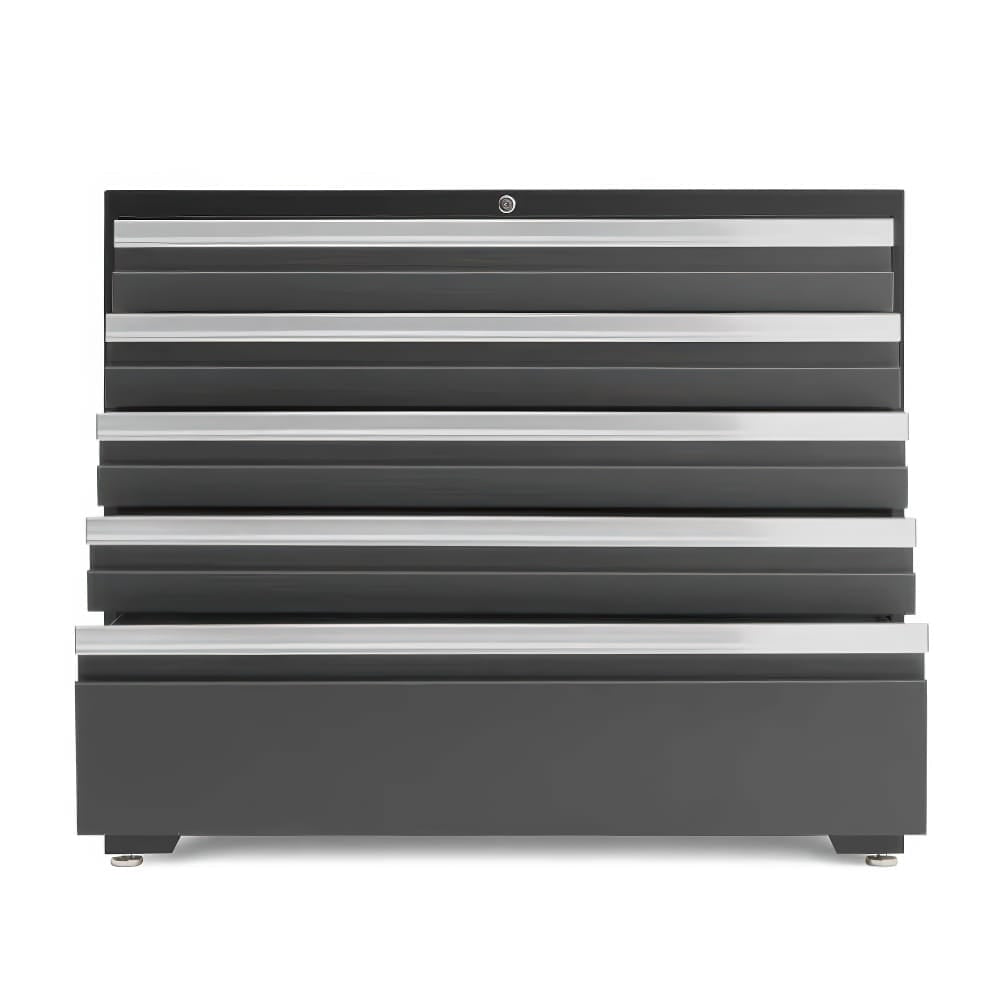 Front View Of A Black Tool Cabinet With Five Extended Drawers And Silver Handles