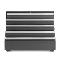 Front View Of A Black Tool Cabinet With Five Extended Drawers And Silver Handles