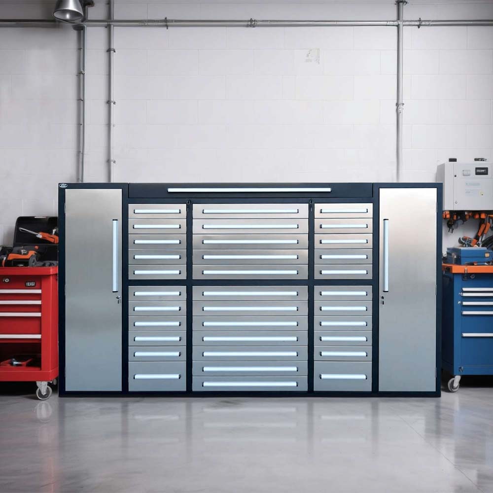Front View Of A Large Black And Silver Workshop Tool Cabinet