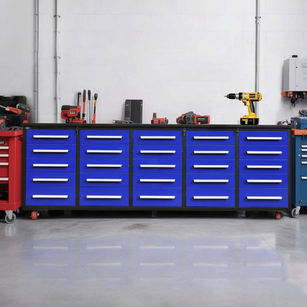 Front View Of A Long Blue Rolling Tool Cabinet With Multiple Drawers And Tools