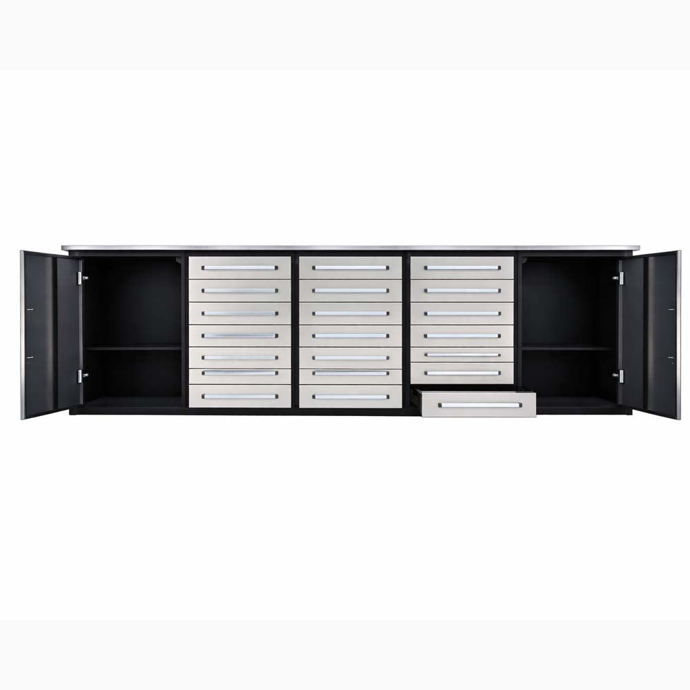 Front View Of A Long Garage Workbench With Open Side Cabinets