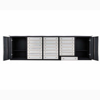 Front View Of A Long Garage Workbench With Open Side Cabinets