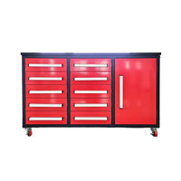 Front View Of A Rolling Workbench With Ten Drawers And A Single Side Cabinet Door