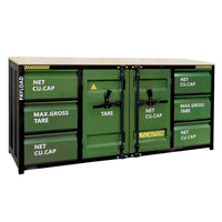 Front View Of A Workbench With Six Side Drawers Central Locking Doors And A Wood Top