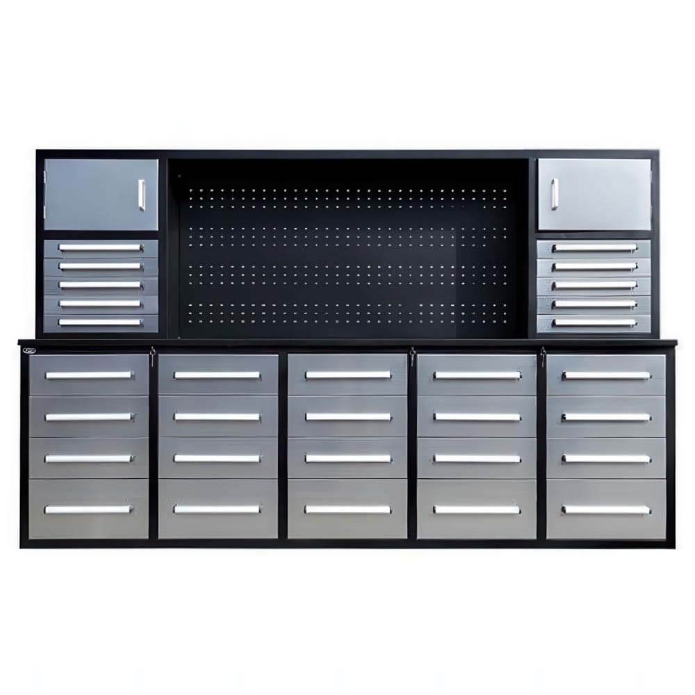 Front View Shows A Black And Silver Workbench Hutch With A Wide Pegboard Backpanel Upper Cabinets